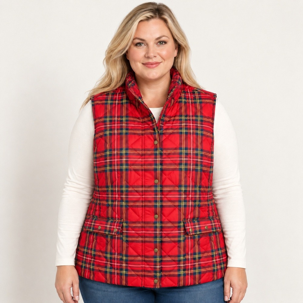 Talbots Tartan Plaid Down Puffer Vest 2X Red Quilted Classic Winter Layering
